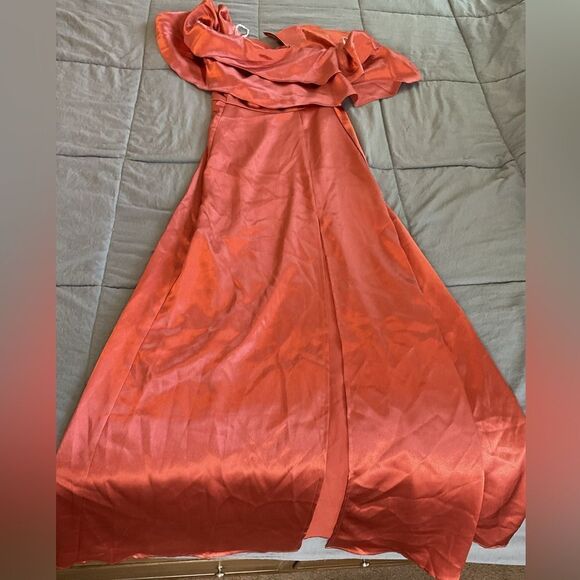 Lulus Pure Happiness Rust Orange Satin Off-the-Shoulder Maxi Dress Size XS - Picture 3 of 7